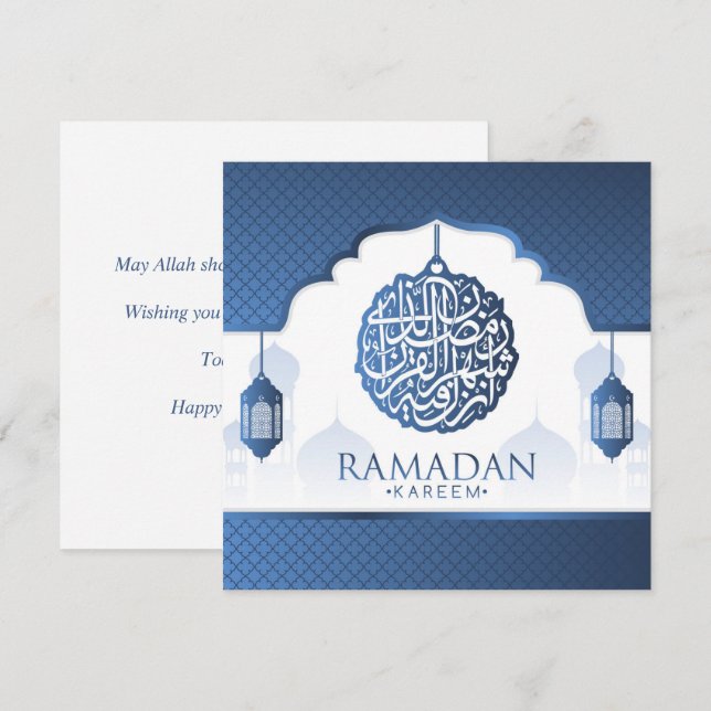 Tarjeta Festiva Ramadan Kareem Mubarak Caligrafía blanca azul (Anverso / Reverso)