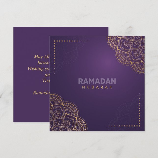 Tarjeta Festiva Ramadan Kareem Mubarak Mandala dorada Púrpura (Anverso / Reverso)