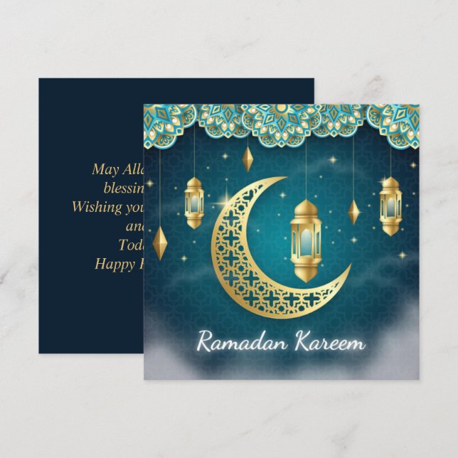 Tarjeta Festiva Ramadan Mubarak Blue Gold Crescent Islamic Lantern (Anverso / Reverso)