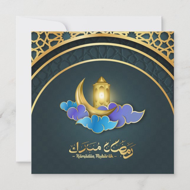 Tarjeta Festiva Ramadan Mubarak Blue Gold Crescent Islamic Lantern (Anverso)