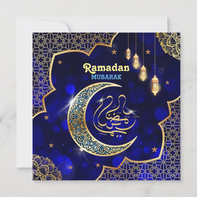 Tarjeta Festiva Ramadán Mubarak Caligrafía Árabe Creciente Dorado (Anverso)