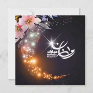Tarjeta Festiva Ramadán Mubarak Creciente Brillante Flores Rosas
