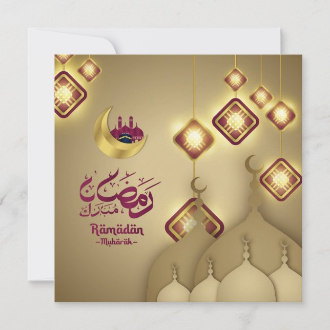 Tarjeta Festiva Ramadan Mubarak Crescent Mezquita Purple Gold (Anverso)