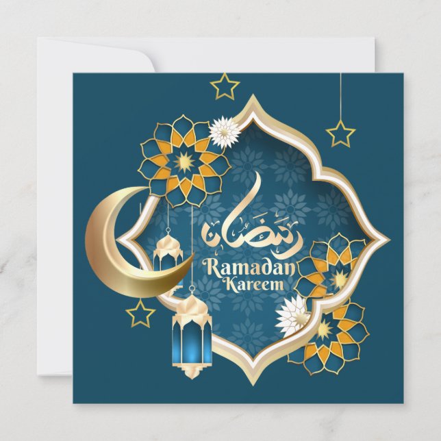 Tarjeta Festiva Ramadan Mubarak Estrella islámica de la luna azul (Anverso)