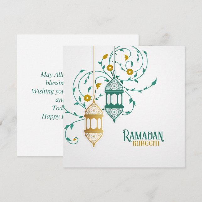 Tarjeta Festiva Ramadan Mubarak Floral Verde azulada Linterna dora (Anverso / Reverso)