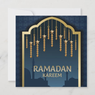 Tarjeta Festiva Ramadan Mubarak Gold Stars Masjid Silhouette Blue