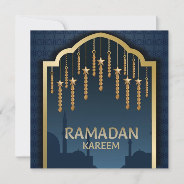 Tarjeta Festiva Ramadan Mubarak Gold Stars Masjid Silhouette Blue (Anverso)