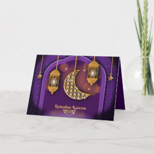 Tarjeta Festiva Ramadan Mubarak Linterna islámica Crescent Purple
