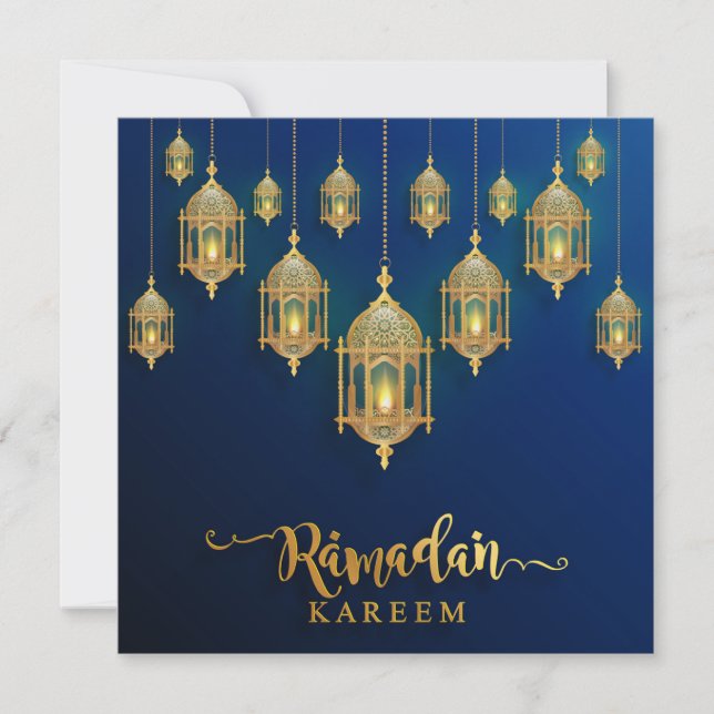 Tarjeta Festiva Ramadan Mubarak Linternas islámicas doradas Azul (Anverso)