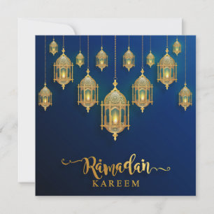 Tarjeta Festiva Ramadan Mubarak Linternas islámicas doradas Azul