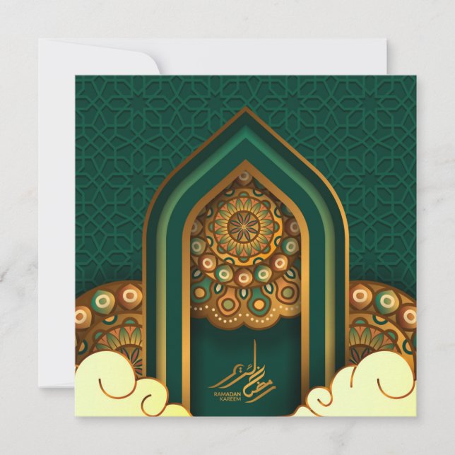 Tarjeta Festiva Ramadan Mubarak Linternas islámicas doradas Verde (Anverso)