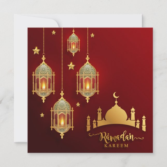 Tarjeta Festiva Ramadan Mubarak Mezquita de Oro Linterna Islámica  (Anverso)