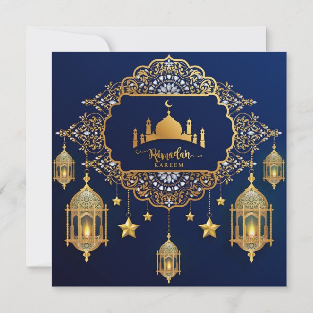 Tarjeta Festiva Ramadan Mubarak Mezquita de Oro Linterna Islámica  (Anverso)