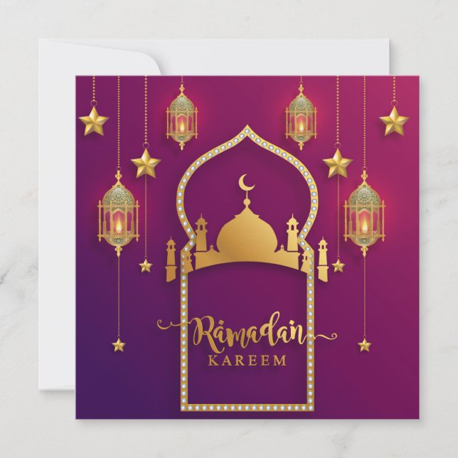 Tarjeta Festiva Ramadan Mubarak Mezquita de Oro Púrpura Linterna I (Anverso)