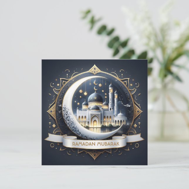 Tarjeta Festiva Ramadán Mubarak Musulmán Mezquita Azul Marinho Dor (Anverso de pie)