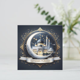 Tarjeta Festiva Ramadán Mubarak Musulmán Mezquita Azul Marinho Dor