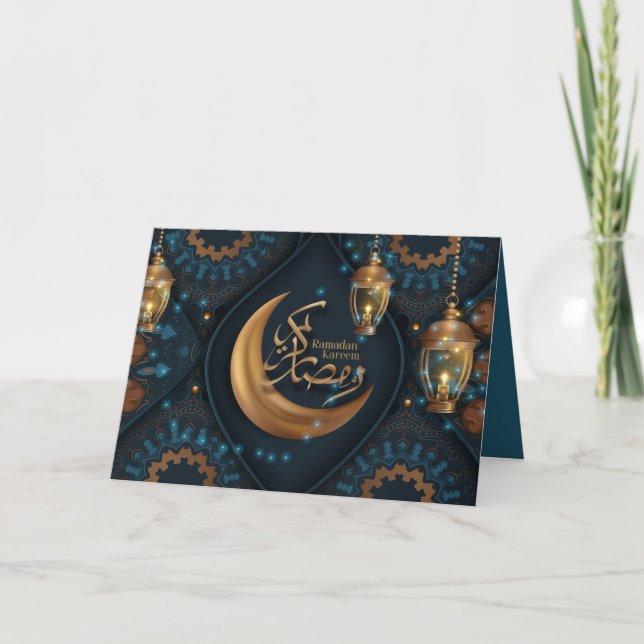 Tarjeta Festiva Ramadan Mubarak Patrón árabe de media luna de oro  (Anverso)