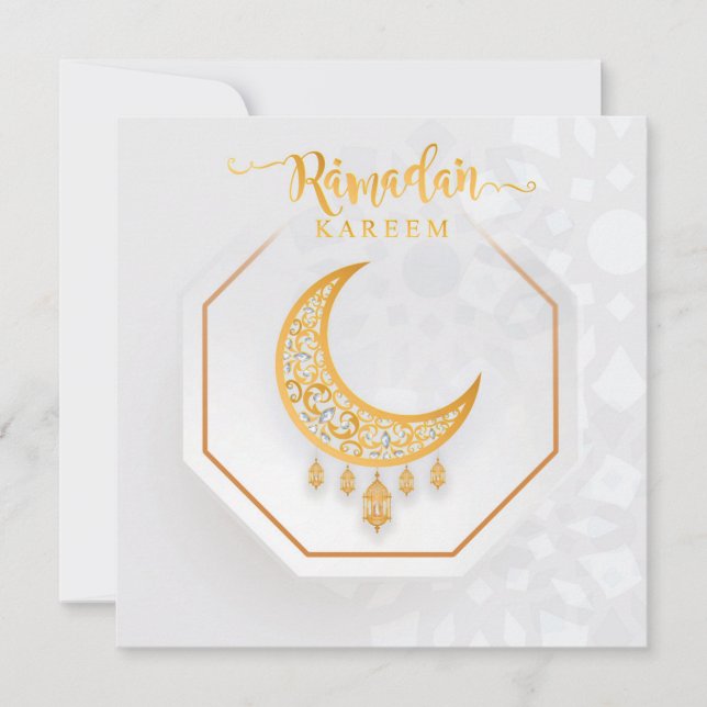 Tarjeta Festiva Ramadán personalizado Kareem blanco y dorado 2 (Anverso)