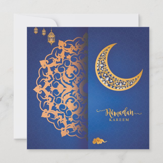 Tarjeta Festiva Ramadán personalizado Kareem Mubarak azul y dorado (Anverso)
