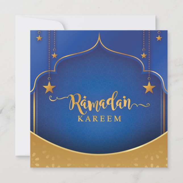 Tarjeta Festiva Ramadán personalizado Kareem Mubarak azul y dorado (Anverso)