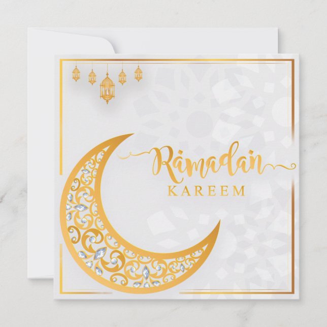 Tarjeta Festiva Ramadán personalizado Kareem Mubarak blanco y dora (Anverso)