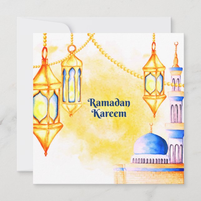 Tarjeta Festiva Ramadan Watercolor mezquita, estrella y faroles (Anverso)