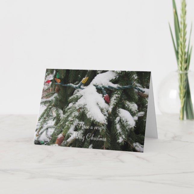Tarjeta Festiva Ramas cubiertas de nieve y luces (Anverso)