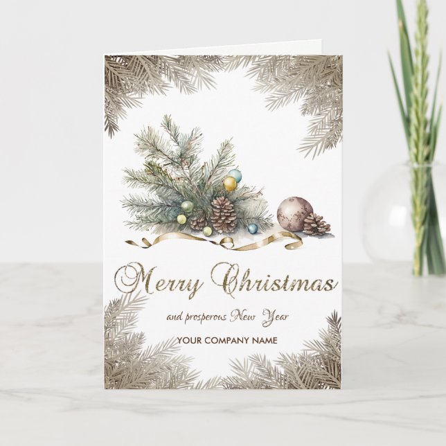 Tarjeta Festiva Ramas de árbol de Navidad, conos de pino, balls Co (Anverso)