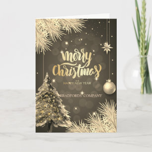 Tarjeta Festiva Ramas de árbol de pino, bolas, empresa de Navidade