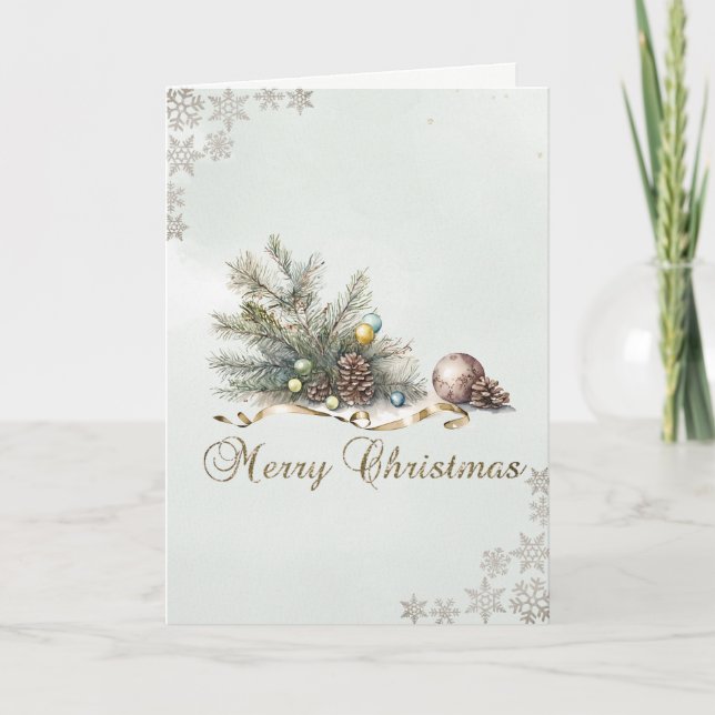 Tarjeta Festiva Ramas de árbol de pino Bolas Piñas Fiesta (Anverso)