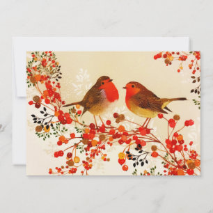Tarjeta Festiva Ramas de Bayas de Acebo Pájaros de Invierno de Oro