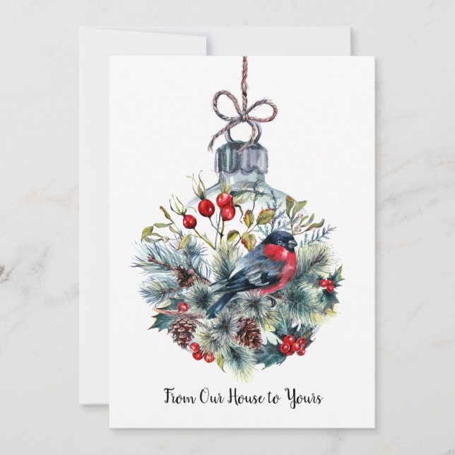 Tarjeta Festiva Ramas de hornillos de piñón de Bullfinch de Navida (Anverso)