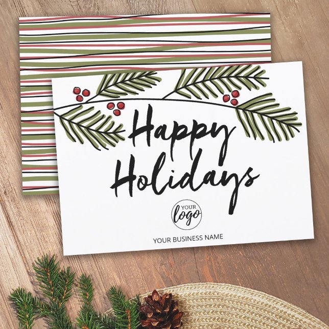 Tarjeta Festiva Ramas de Pino Rústico de vacaciones de negocios fe (Corporate Holiday Card - Modern Rustic Design with Pine Branches - Add Logo)