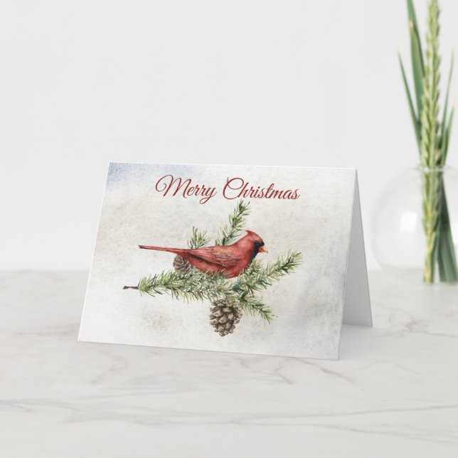 Tarjeta Festiva Ramas de pino y un cardenal rojo (Anverso)