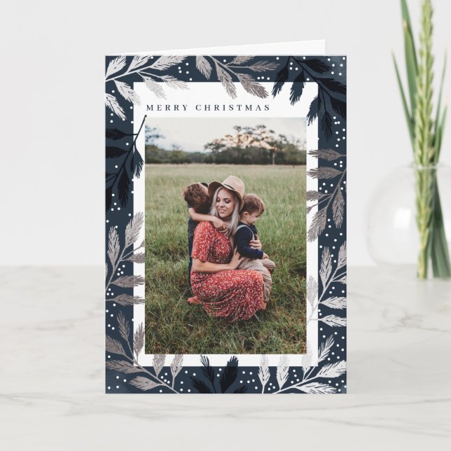Tarjeta Festiva Ramas de Relieve metalizado Fotos navideñas merry (Anverso)