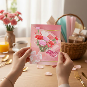 Tarjeta Festiva Ramo Floral del Día de la Madre   Rosa y Dorado