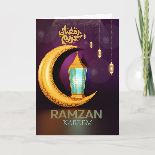 Tarjeta Festiva Ramzan Kareem Luna Dorada Con Faroles Púrpura  (Anverso)