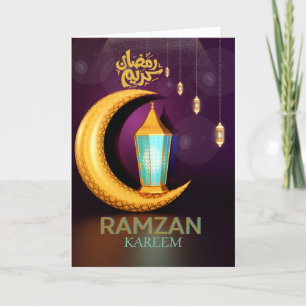 Tarjeta Festiva Ramzan Kareem Luna Dorada Con Faroles Púrpura 
