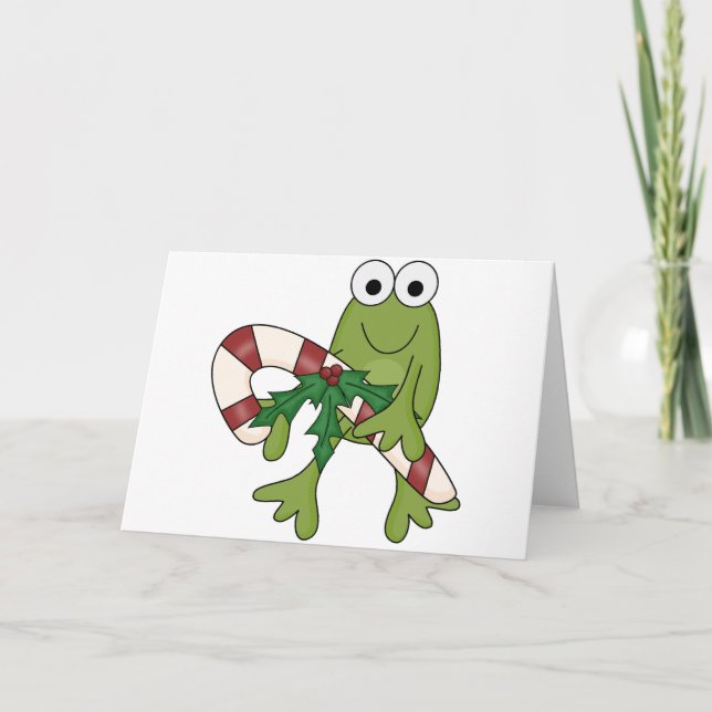 Tarjeta Festiva Rana con camisetas y regalos con caña de caramelo (Anverso)