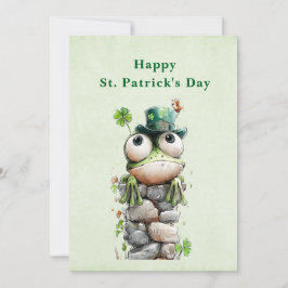 Tarjeta Festiva Rana con sombrero verde y trébol día de San Patric