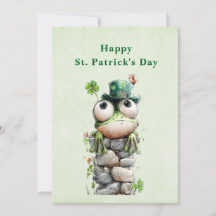 Tarjeta Festiva Rana con sombrero verde y trébol día de San Patric