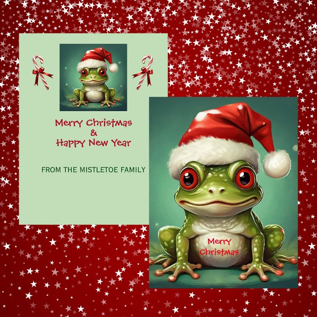 Tarjeta Festiva Rana de Santa | Anfibio Navideño Verde Caprichoso (Father Christmas Santa hat frog Holiday Card)