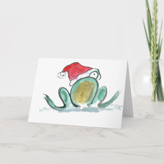 Tarjeta Festiva Rana pequeña lleva un Gorra de Santa Navidades (Anverso)