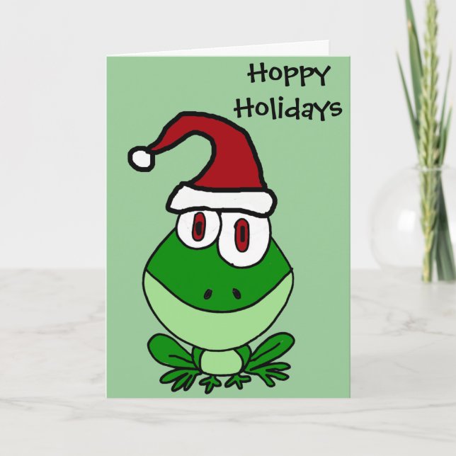 Tarjeta Festiva Rana verde feliz con sombrero Santa (Anverso)