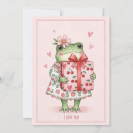 Tarjeta Festiva Rana verde linda con vestido floral