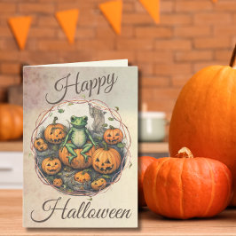 Tarjeta Festiva Rana Vintage de Halloween y calabazas