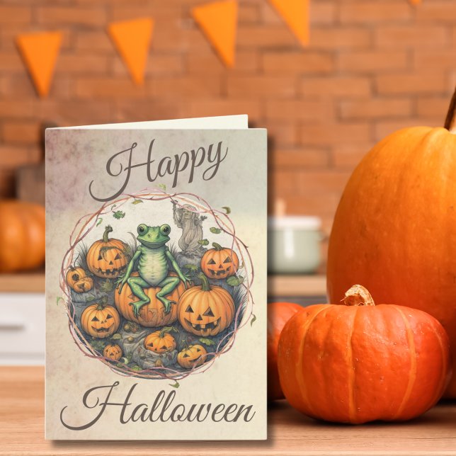 Tarjeta Festiva Rana y calabazas vintage de Halloween (Subido por el creador)