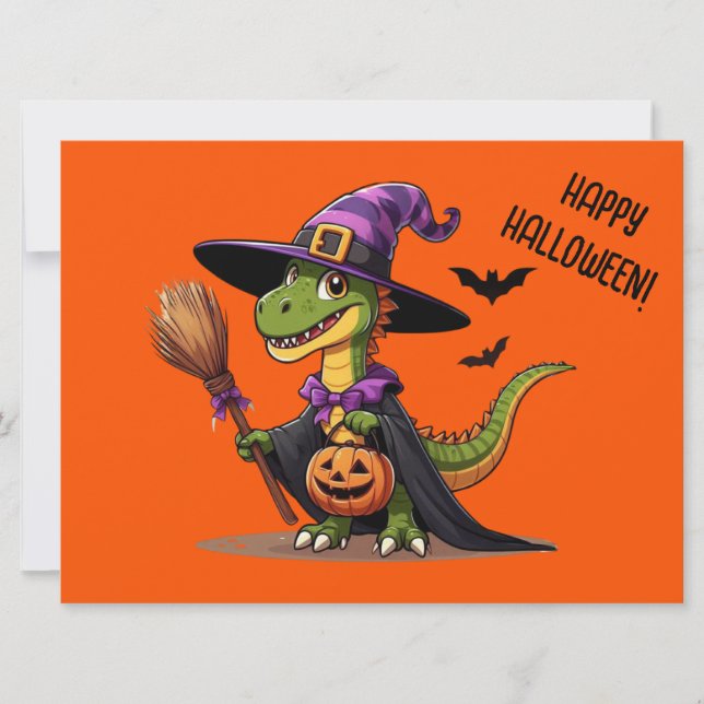 Tarjeta Festiva Raptor de Halloween lindo/bruja de dinosaurio (Anverso)