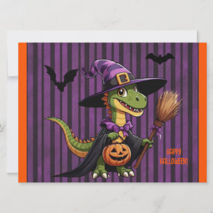 Tarjeta Festiva Raptor de Halloween lindo/bruja de dinosaurio