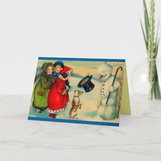 Tarjeta Festiva Raros Snowman, pájaro en la cabeza, Gorra mágico,  (Anverso)